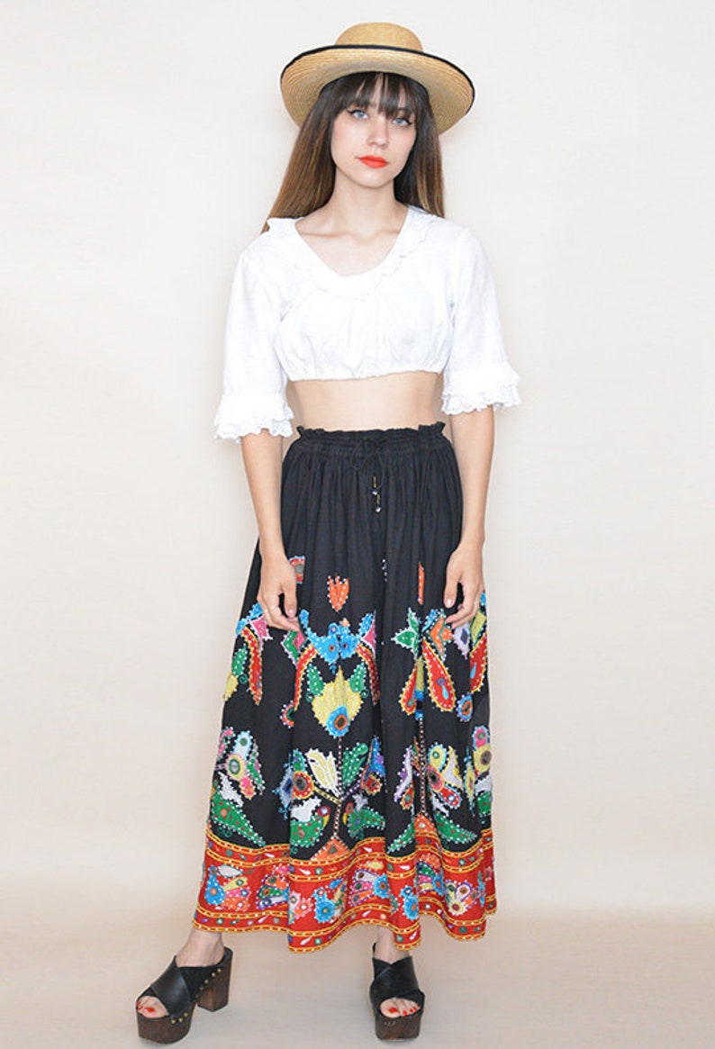 Vintage Ethnic Maxi Skirt Mexican 80s Embroidered Women