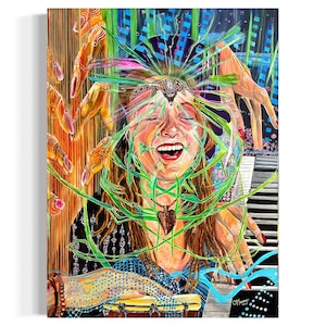 May include: A vibrant painting depicts a woman with eyes closed, laughing, surrounded by green and pink lines. The artwork features hands reaching in from the sides, a keyboard, and a drum. The color palette includes orange, blue, and black.