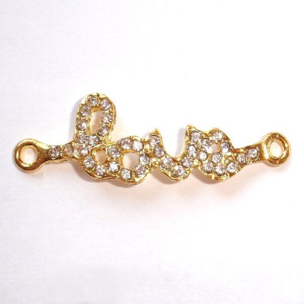 Love Rhinestone and Metal Connector - Gold - 2pcs - jewelry making,vintage style, layered, focal, pendant, spacer bead