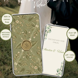May include: Two smartphones displaying an animated wedding invitation video. One screen shows a sage green floral pattern with a gold rose wax seal. The other screen features the text Together with their families Amelia & Henry with green leaf accents.