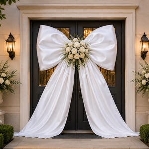 May include: A large white satin bow decoration draped over a set of black double doors. The center of the bow features a cluster of white roses and green foliage. Two matching floral arrangements in stone urns sit on either side of the doorway.