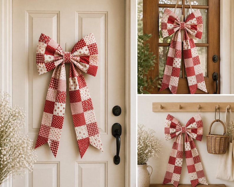 May include: A large, decorative bow made of red and white patterned fabric hangs on a white door. The bow features a patchwork design with various patterns, including polka dots and gingham. The bow's long tails extend downwards.