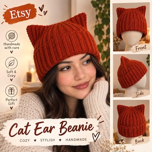 May include: A rust-colored knitted beanie featuring two pointed cat ears on top. The hat has a ribbed texture and a folded brim. The image includes text labels reading Etsy, Handmade with care, Soft & Cozy, Perfect Gift, and Cat Ear Beanie.