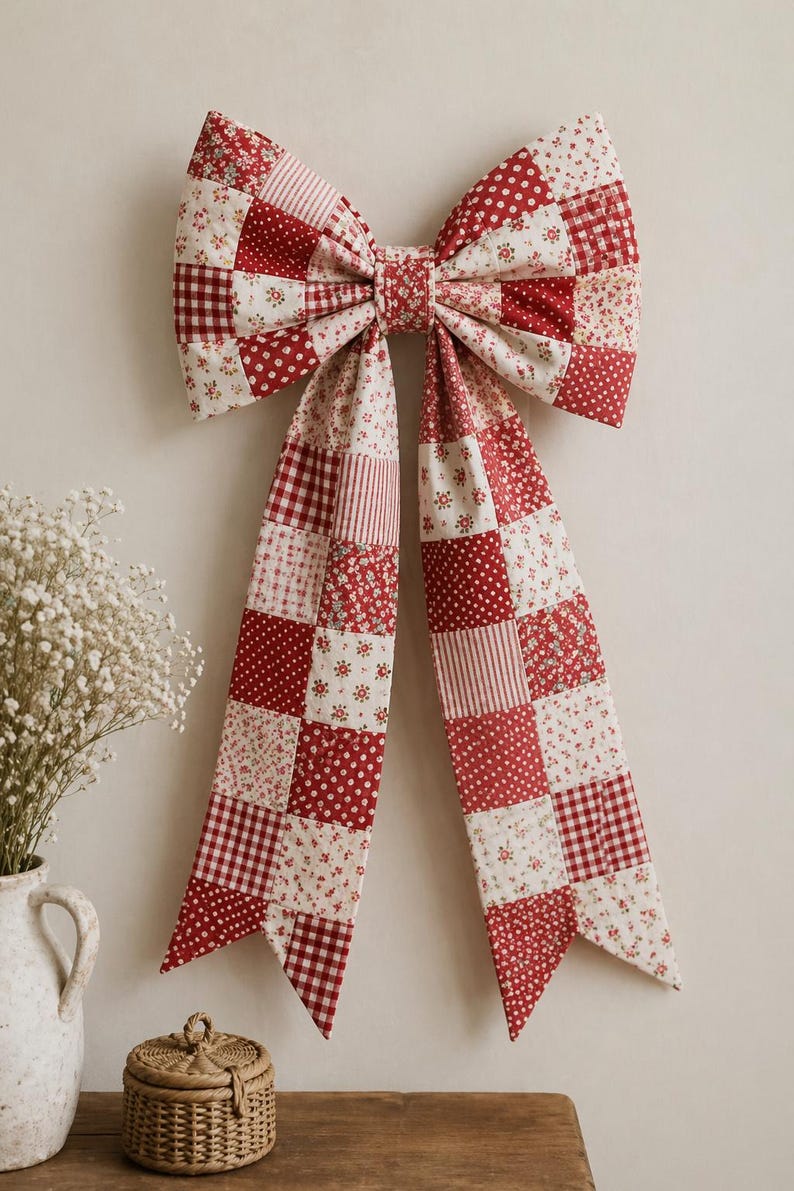 May include: A large, decorative bow made of patchwork fabric, featuring red and white patterns including polka dots, floral prints, and gingham. The bow is mounted on a neutral wall, with long, flowing tails.