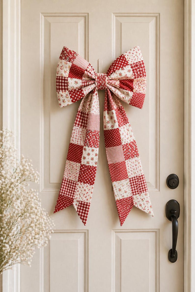 May include: A large, decorative bow made of patchwork fabric, featuring red and white patterns including polka dots, floral prints, and gingham. The bow is hanging on a white door, with long tails extending downwards.