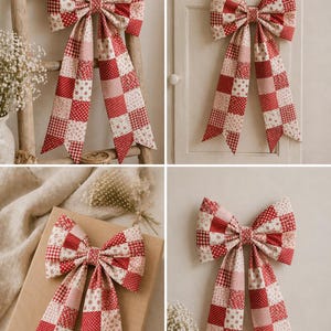 May include: A large, decorative bow made of red and white patterned fabric. The bow features a patchwork design with various patterns, including polka dots, floral prints, and gingham checks. The bow is displayed in multiple settings, suggesting its use as a home decor item.