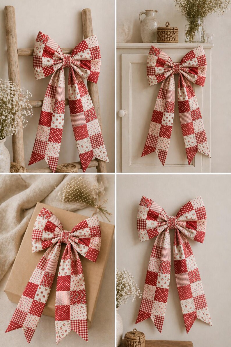 May include: A large, decorative bow made of red and white patterned fabric. The bow features a patchwork design with various patterns, including polka dots, floral prints, and gingham checks. The bow is displayed in multiple settings, suggesting its use as a home decor item.