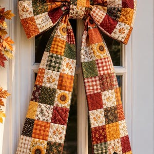 Fall Patchwork Bow Sewing Pattern, Autumn Door Decor, DIY Fabric Bow PDF