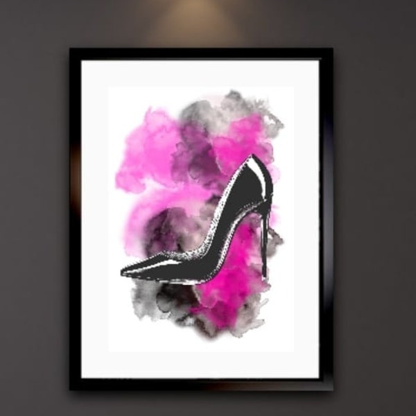 Hot Pink Fuscia and Black Stiletto Shoe Printable Wall Decor