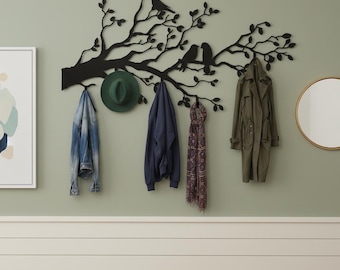 Perchero decorativo de metal, perchero de metal con forma de árbol, perchero con silueta de pájaro, perchero de pared rústico con pájaro, perchero de rama de metal, perchero de pared para casa