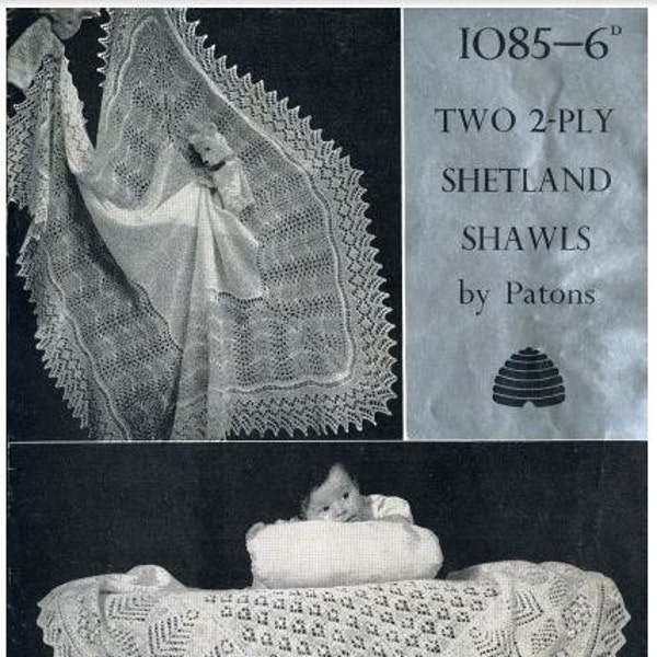 Shetland Lace Shawls PDF pattern from 1950s Patons Two 2 ply knitted shawls Heirloom Downloadable pattern 1085