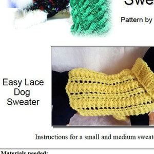 Easy Lace Knit Dog Sweater knitting pattern '2 row' Lace design Downloadable PDF