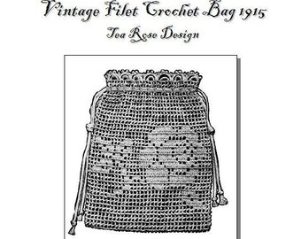 Crochet Wedding purse bag Tea Rose filet crochet design Vintage 1915 PDF pattern