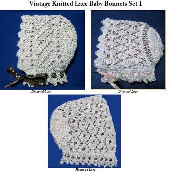 Lace Baby Bonnet knitting patterns Collection of 3 patterns in Set 1 Easy to knit Downloadable PDF