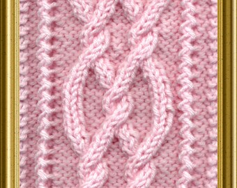 May include: A close-up of a pink knitted fabric with a cable knit pattern.