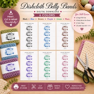 Könnte beinhalten: Ein digitales Download-Produkt mit Geschirrtuch-Bauchbinden in sechs Farben: Schwarz, Blau, Braun, Lila, Grün und Pflaume. Das Set enthält eine 6-seitige PDF-Datei mit 4 Bauchbinden pro Blatt, formatiert für US-Letter-Größe 21,6 x 27,9 cm.