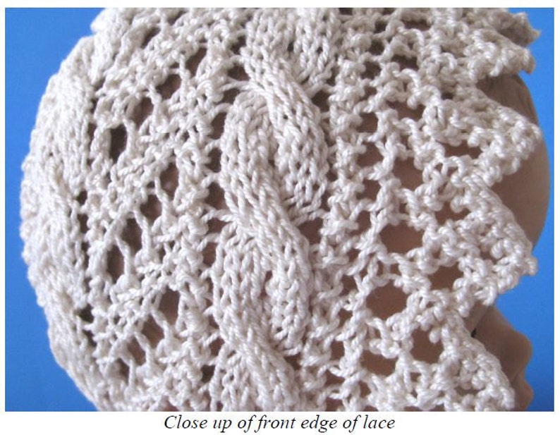 Knitted Lace Baby Bonnet PDF downloadable knitting pattern Cable Road image 2