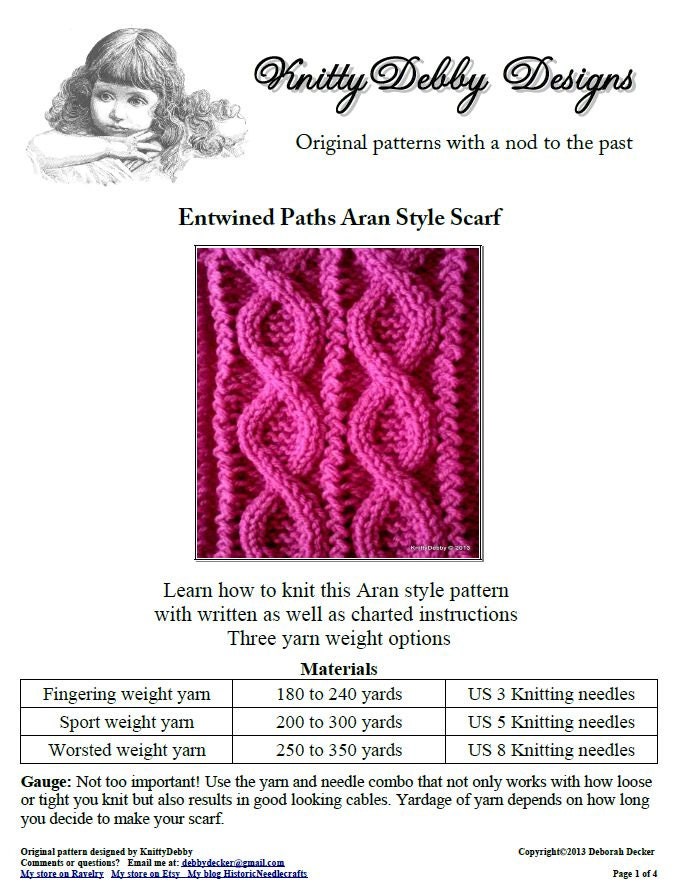 Aran Knit Scarf Entwined Paths Design Downloadable PDF - Etsy