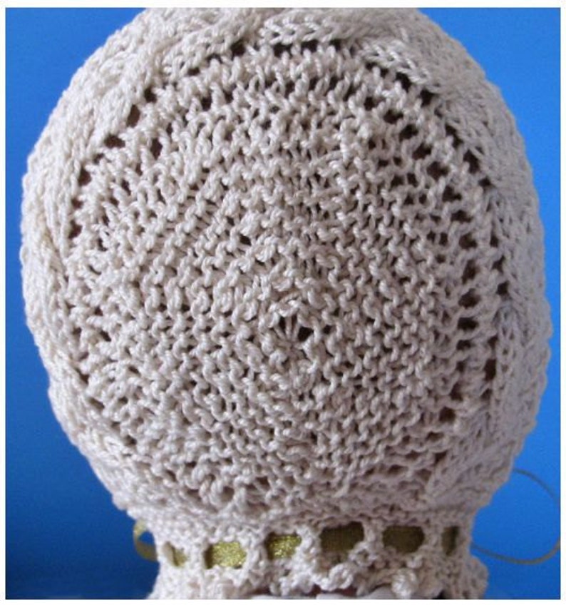 Knitted Lace Baby Bonnet PDF downloadable knitting pattern Cable Road image 3