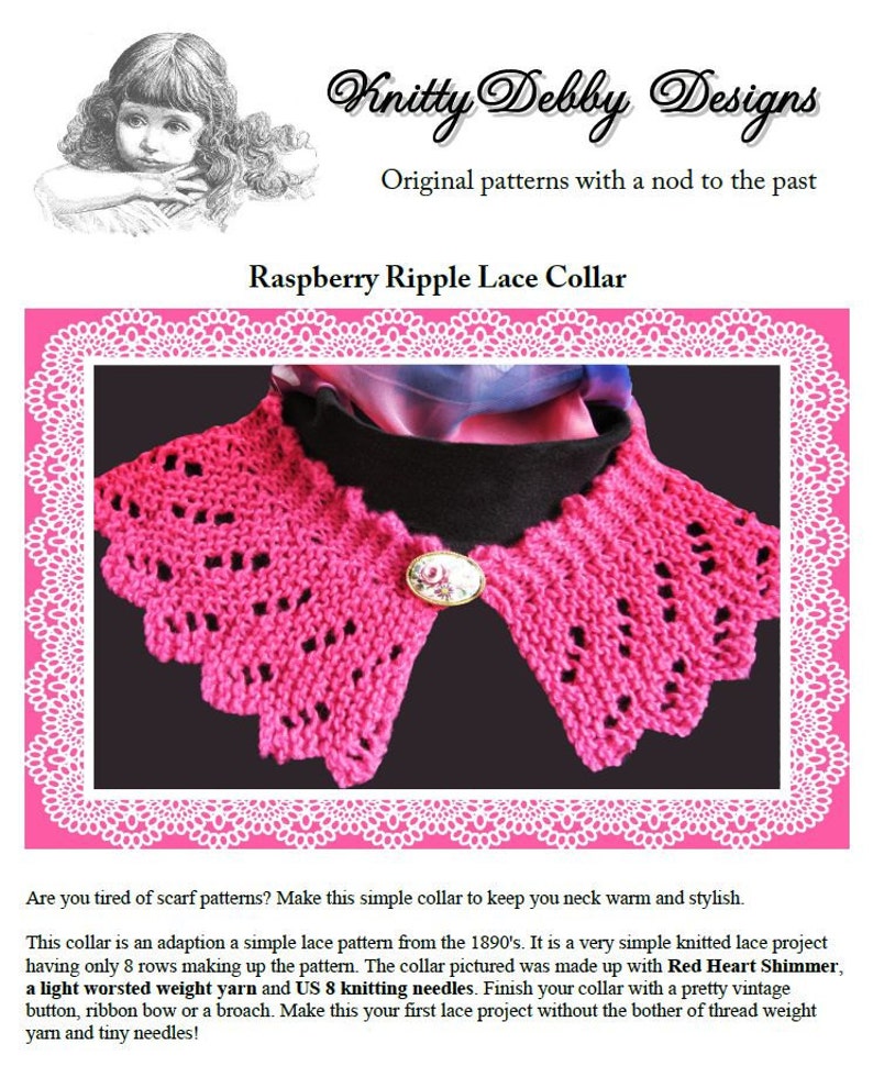 Lace Collar knitting pattern Raspberry Ripple design Downloadable PDF Easy to knit image 3