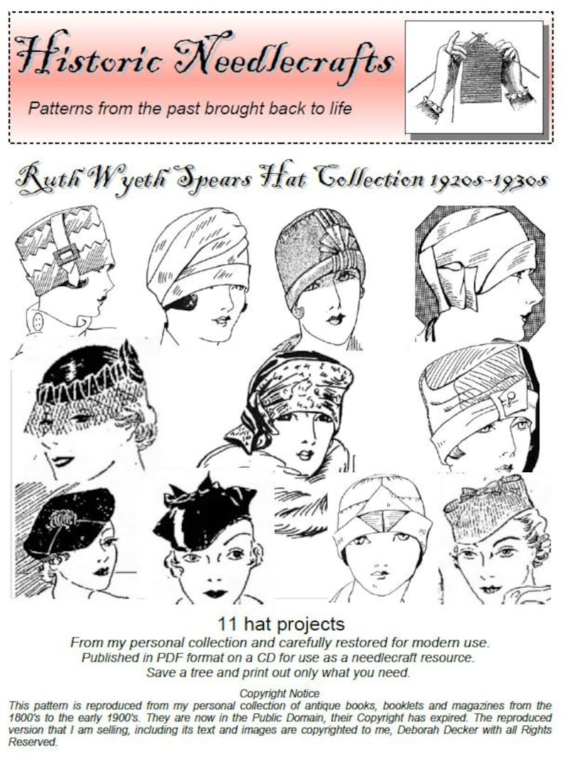 1920s Patterns – Vintage, Reproduction Sewing Patterns     Ruth Wyeth Spears Hat Collection Flapper Style Sewing Instructions from the 1920s and 1930s - Downloadable PDF Pattern  AT vintagedancer.com