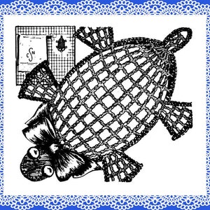 May include: Black and white illustration of a turtle made of a crocheted net. The turtle has a bow on its head.