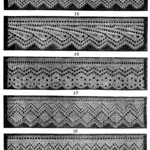 May include: Five different lace patterns, numbered 14 through 18, are shown in black and white. Each pattern is a different design of lace, with intricate details and a scalloped edge.