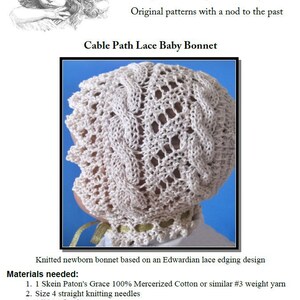 Knitted Lace Baby Bonnet PDF downloadable knitting pattern Cable Road image 4