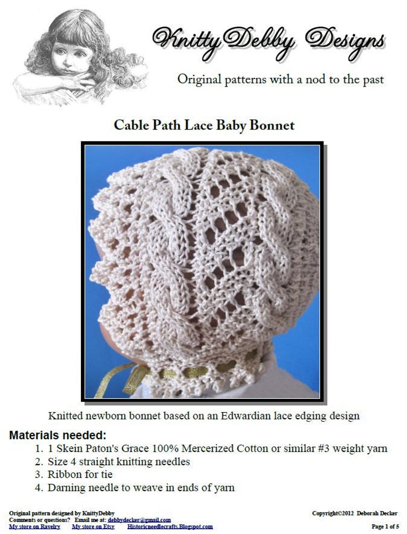 Knitted Lace Baby Bonnet PDF downloadable knitting pattern Cable Road image 4