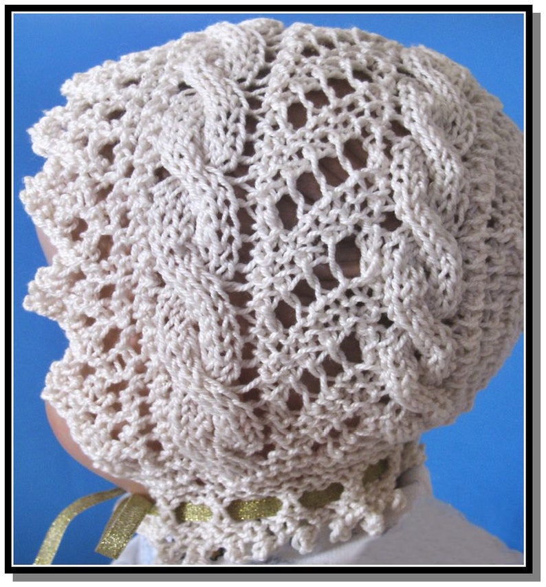 Knitted Lace Baby Bonnet PDF downloadable knitting pattern Cable Road image 1