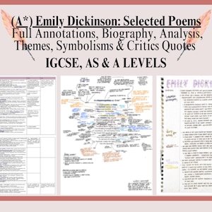 May include: A study guide for Emily Dickinson's selected poems, with annotations, biography, analysis, themes, symbolism, and critics' quotes. The text includes "IGCSE, AS & A LEVELS" and the title "Emily Dickinson: Selected Poems". The image has a pink border.