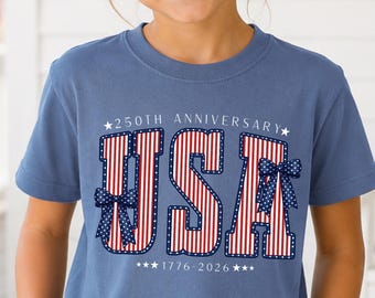Girls USA 250th Anniversary Shirt, Youth 4th of July Tee, Kids America Semiquincentennial Top
