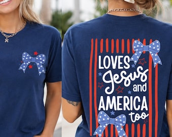 Loves Jesus and America Too Shirt, 4th of July Christian Comfort Colors Striped Bow Tee