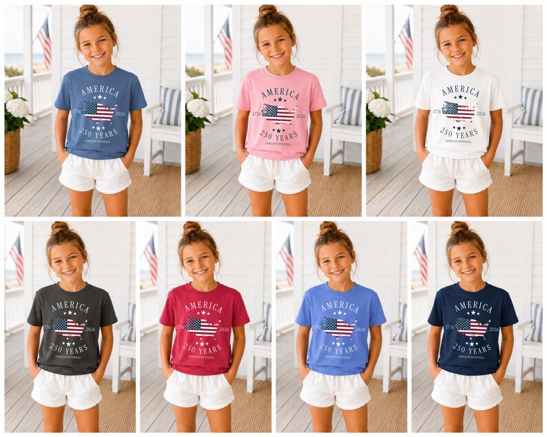 May include: A collection of t-shirts in various colors, each featuring the word "AMERICA", a stylized American flag, and the text "250 YEARS". The shirts are worn by a young person and paired with white shorts.