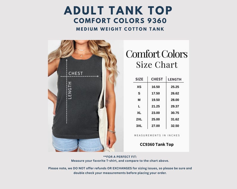 K&ouml;nnte beinhalten: Ein dunkelgraues Tanktop f&uuml;r Erwachsene mit einer Gr&ouml;&szlig;entabelle. Die Tabelle listet Brust- und L&auml;ngenma&szlig;e in Zoll f&uuml;r die Gr&ouml;&szlig;en XS bis 3XL auf. Der Text "ADULT TANK TOP" und "COMFORT COLORS 9360" sind ebenfalls sichtbar.