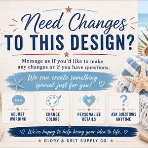 May include: A beach-themed graphic with text that reads "Need Changes TO THIS DESIGN?" and prompts to adjust wording, change colors, personalize details, and ask questions. The design includes a starfish, seashells, and a blue and white striped towel.