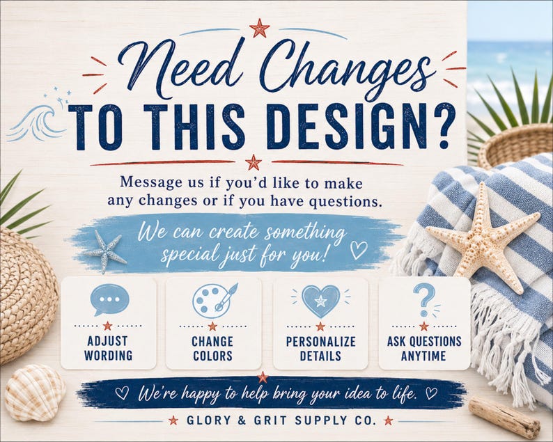May include: A beach-themed graphic with text that reads "Need Changes TO THIS DESIGN?" and prompts to adjust wording, change colors, personalize details, and ask questions. The design includes a starfish, seashells, and a blue and white striped towel.