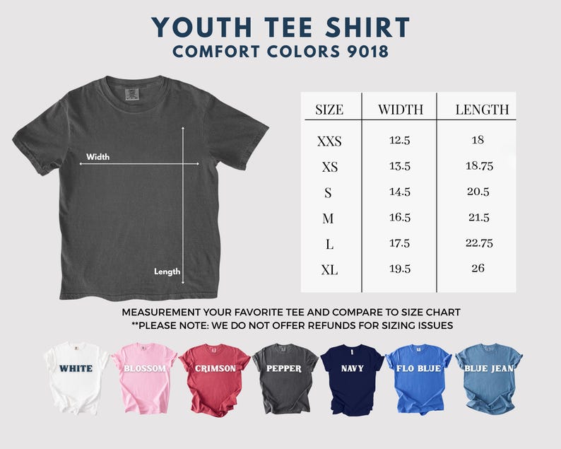 May include: A dark gray youth tee shirt with a size chart. The chart lists sizes XXS to XL, with widths from 12.5 to 19.5 inches and lengths from 18 to 26 inches. The shirt is labeled "YOUTH TEE SHIRT" and "COMFORT COLORS 9018".