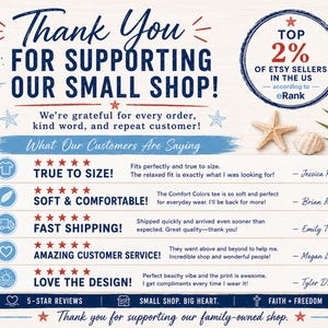 May include: A promotional graphic with a nautical theme, featuring text that reads "Thank You For Supporting Our Small Shop!" and customer testimonials. Includes a starfish, seashell, and a badge stating "Top 2% of Etsy Sellers in the US."