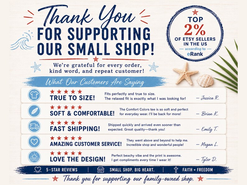 May include: A promotional graphic with a nautical theme, featuring text that reads "Thank You For Supporting Our Small Shop!" and customer testimonials. Includes a starfish, seashell, and a badge stating "Top 2% of Etsy Sellers in the US."