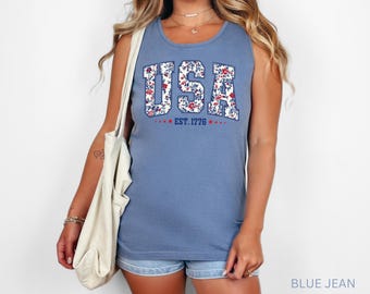 Comfort Colors USA Tank 4th of July Tee Floral USA Shirt Summer Patriotic Memorial Day Tee for women, America EST 1776 Red White Blue Shirt