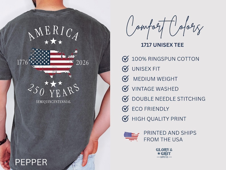 May include: Pepper-colored unisex tee with a graphic celebrating America's 250th anniversary. The design features the American flag within a map outline, the years 1776 and 2026, and the text "AMERICA" and "250 YEARS". The shirt is made of 100% ringspun cotton.