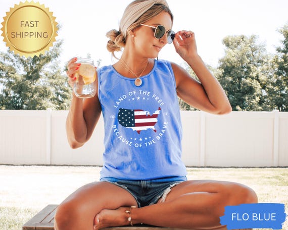 Land of the Free Because of the Brave Tank Memorial Day Tank Top 4th of July Tee Patriotic American Flag Shirts, Independence Day Shirt 1776
