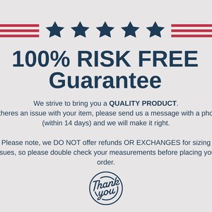 May include: A graphic with red and white stripes and blue stars at the top, and the text "100% RISK FREE Guarantee." The text also states the seller strives to provide a quality product and offers a guarantee.