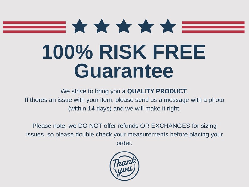 May include: A graphic with red and white stripes and blue stars at the top, and the text "100% RISK FREE Guarantee." The text also states the seller strives to provide a quality product and offers a guarantee.
