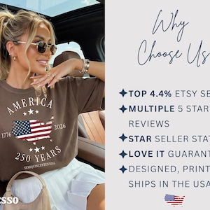 May include: A brown t-shirt with the word "AMERICA" above a map of the United States with the American flag, the years "1776" and "2026", and the text "250 YEARS SEMIQUINCENTENNIAL". The shirt is labeled "ESPRESSO".