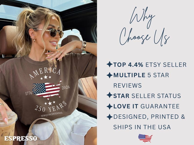 May include: A brown t-shirt with the word "AMERICA" above a map of the United States with the American flag, the years "1776" and "2026", and the text "250 YEARS SEMIQUINCENTENNIAL". The shirt is labeled "ESPRESSO".