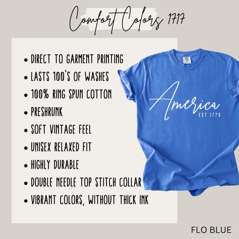 May include: A blue unisex t-shirt with the word "America" in white script and "EST 1776" below it. The shirt is made of 100% ring-spun cotton and has a soft vintage feel. The shirt is a unisex relaxed fit and is highly durable.