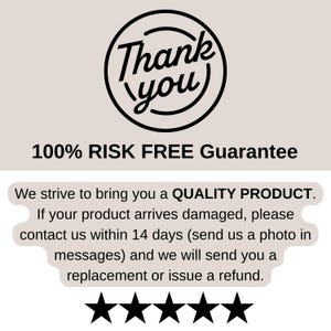 K&ouml;nnte beinhalten: Grafik mit den Worten "Thank You" in einem schwarzen kreisf&ouml;rmigen Design. Darunter steht der Text "100% RISK FREE Guarantee". Weiterer Text verspricht ein Qualit&auml;tsprodukt und Ersatz oder R&uuml;ckerstattung f&uuml;r besch&auml;digte Artikel innerhalb von 14 Tagen.