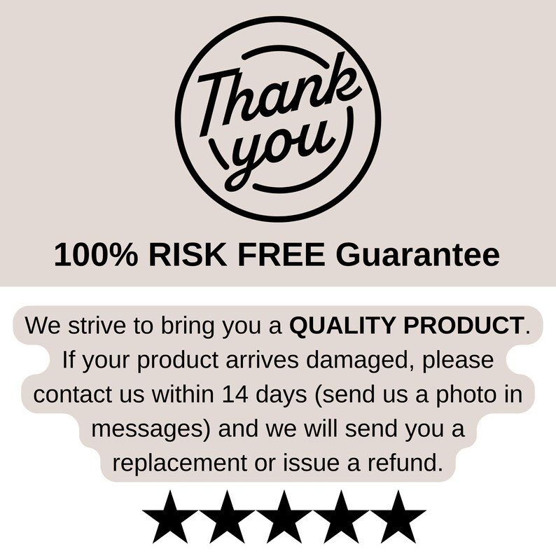 K&ouml;nnte beinhalten: Grafik mit den Worten "Thank You" in einem schwarzen kreisf&ouml;rmigen Design. Darunter steht der Text "100% RISK FREE Guarantee". Weiterer Text verspricht ein Qualit&auml;tsprodukt und Ersatz oder R&uuml;ckerstattung f&uuml;r besch&auml;digte Artikel innerhalb von 14 Tagen.